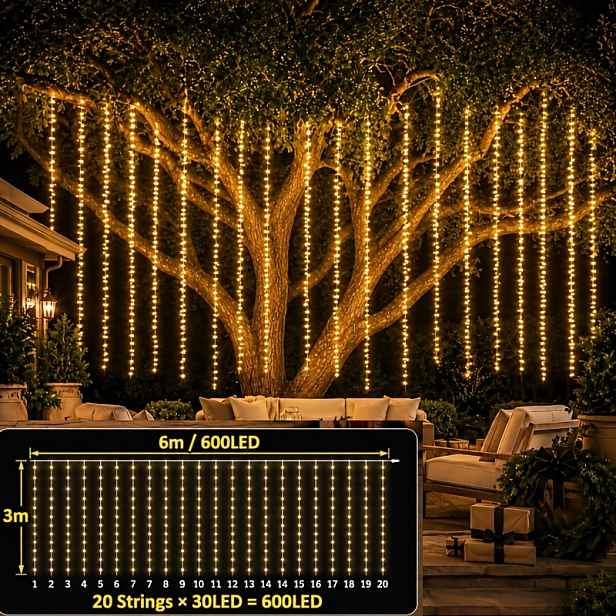 TEMU 1 ks 6 X / 600 LED Závěsná světelná lišta, Teplá bílá / Studená bílá vodopádová pohádková světelná řetěz, Závěsné světlo ve tvaru stromu, Vhodné