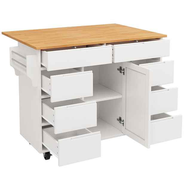 EVRYAE KUCHYŇSKÝ OSTRŮVEK s kolečky výsuvnou pracovní deskou policí na koření osmi zásuvkami kuchyňská skříňka 111/40/91,5 cm