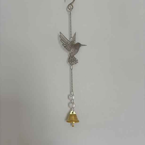 TEMU Kovový závěsný zvonkový zvonkohra s kolibříkem, ručně vyráběný přívěsek ptáka z nerezové oceli s křišťálem a mosazným zvonkem, dekorace na zeď,