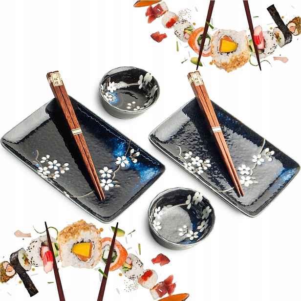 Sada keramiky na sushi Anemone Blue Modrá s květinami pro 2 osoby Edo Japan