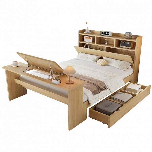 CHICFURN JUNIORSKÁ POSTEL 140/200 cm v přírodní barvě s úložným prostorem a sklopným stolem