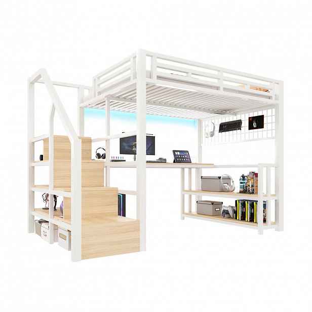 CHICFURN VYVÝŠENÁ POSTEL 140/200 cm v bílé barvě s psacím stolem, LED a USB