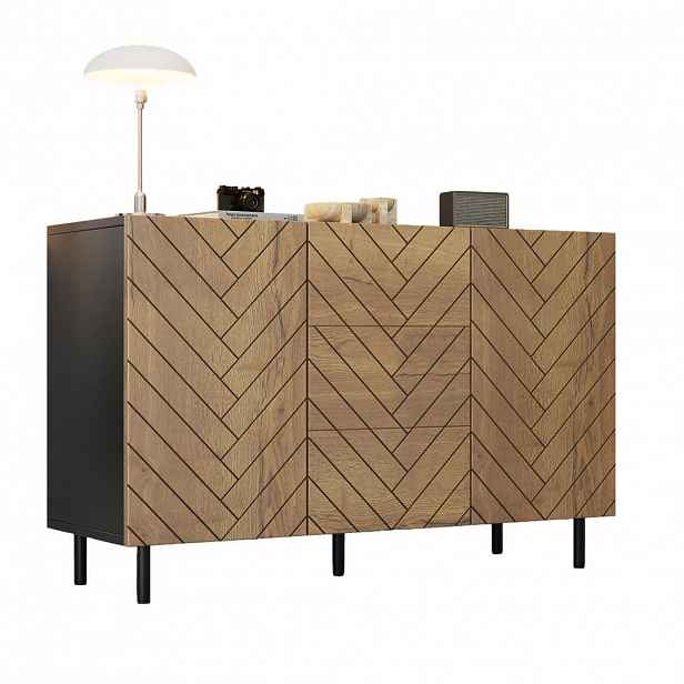 Urban Meuble KOMODA 120 cm dekor dřeva a černá se 3 zásuvkami a 2 dvířky