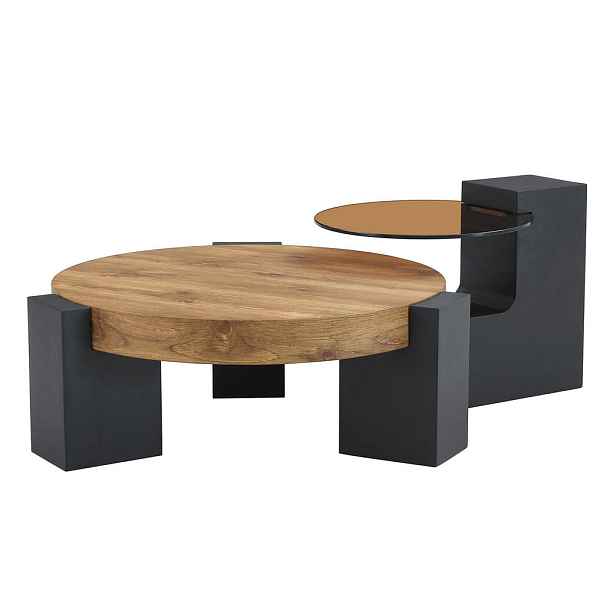 EVRYAE KONFERENČNÍ STOLEK Sklo, MDF, kulatý, dvoupatrový, rozložitelný, s odkládací plochou, černý 70 cm