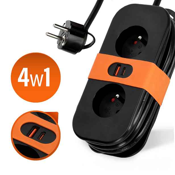 Prodlužovací Kabel s Plochou Zástrčkou, 2 zásuvky, 1,4 m, černý, s uzemněním 2x Usb