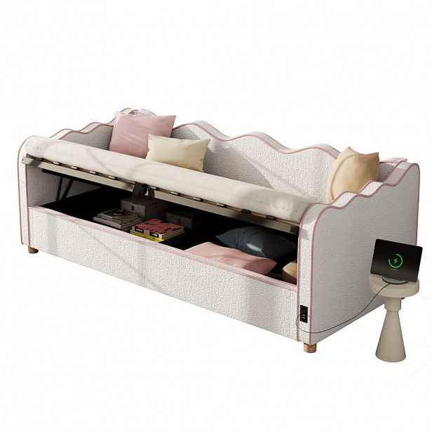 CHICFURN ČALOUNĚNÁ POSTEL 90/200 cm v béžové barvě s úložným prostorem, USB a Type-C