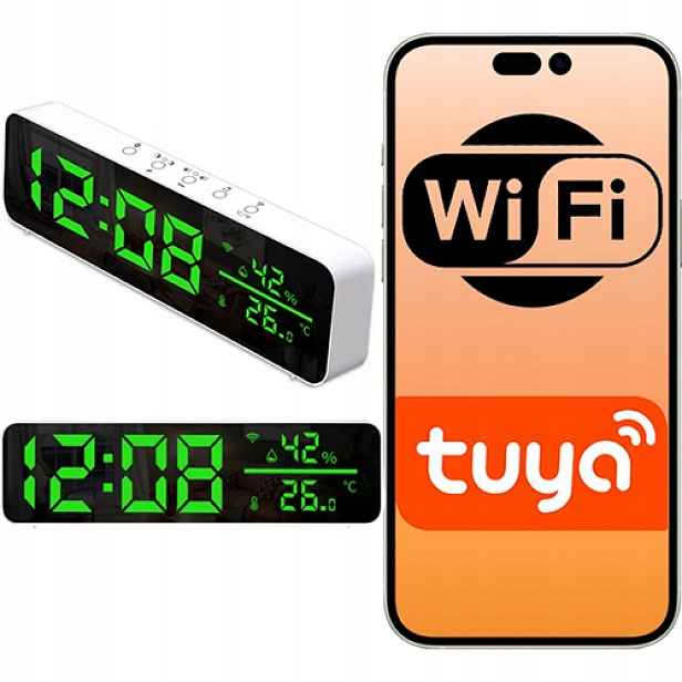 Inteligentní WiFi Led hodiny – zelený budík s měřením teploty a vlhkosti