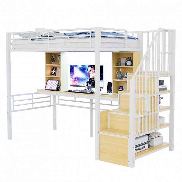 Redom VYSOKÁ postel 90/200 cm s psacím stolem, LED osvětlením, úložným schodištěm a zásuvkou, Bílá
