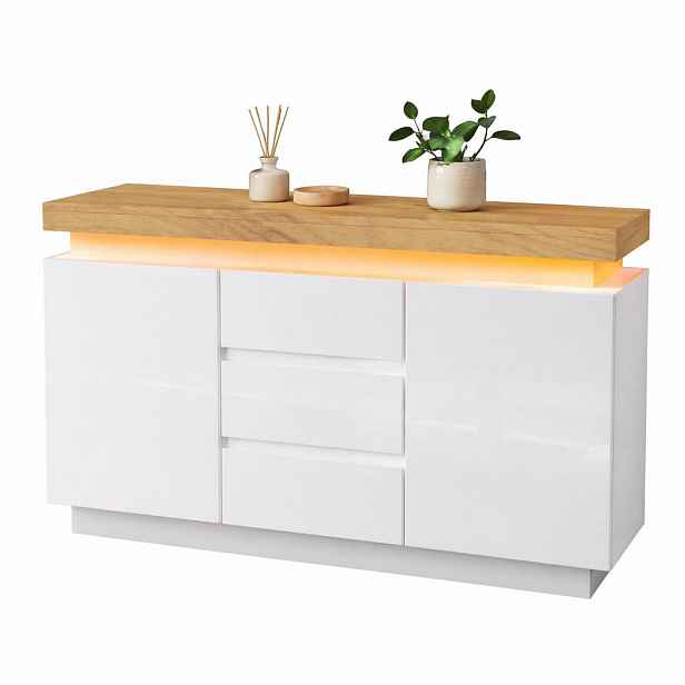 STILVORA KUCHYŇSKÁ SKŘÍŇ bílá lesklá, zásuvky, LED osvětlení, do obývacího pokoje a ložnice, 140×39×81 cm