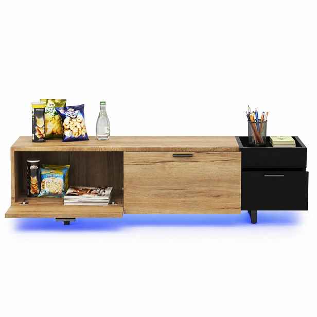 STILVORA TV STOLEK přírodní a černý, se zásuvkami a otevřenými přihrádkami, do obývacího pokoje, 180×38×49 cm