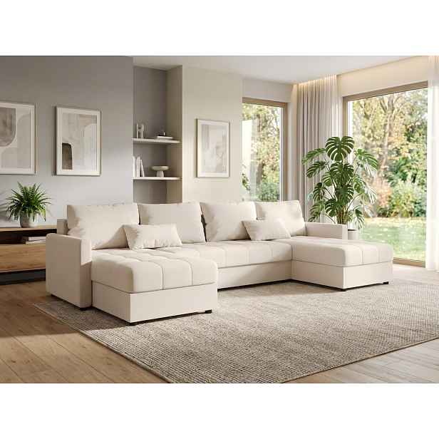 AKCE Rozkládací sedací souprava do U VENORIA 285x146 cm, krémová + 2 polštářky ZDARMA II. jakost