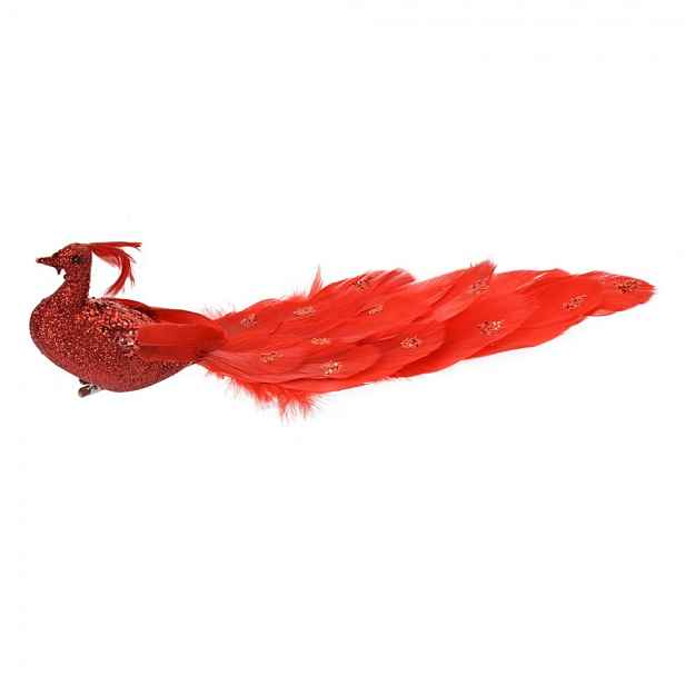 Červený ptáček páv s peříčky a třpytem na klipu - 30*9*9 cm Clayre & Eef