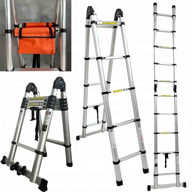 Drabina Aluminiowa Teleskopowa Z Organizer Narzędzi+kóła 4.2M 2x5PRZEGUBOWA