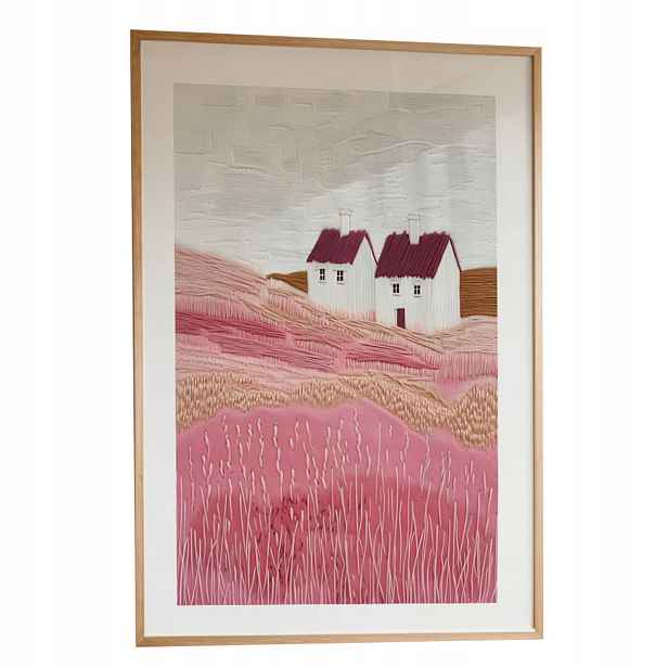 Obraz Růžové kopce s domky A3 Plakát Dekorace Rámeček Dřevěný 30x42 cm