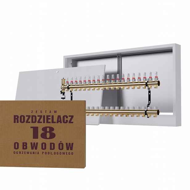 Rozdělovač pro mosaznou podlahu 18-okruhový a nástěnný box bílý