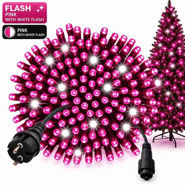 Vánoční Osvětlení Na Stromeček 1000 Led 80 M Růžové Bílý Flash IP44 Zelený Kabel