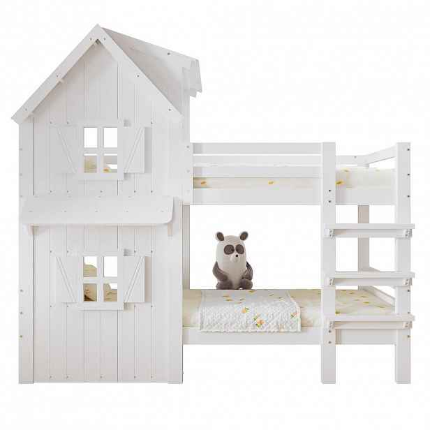 CHICFURN PATROVÁ POSTEL 90/200 cm v bílé barvě s okny, střechou a bezpečnostními zábranami