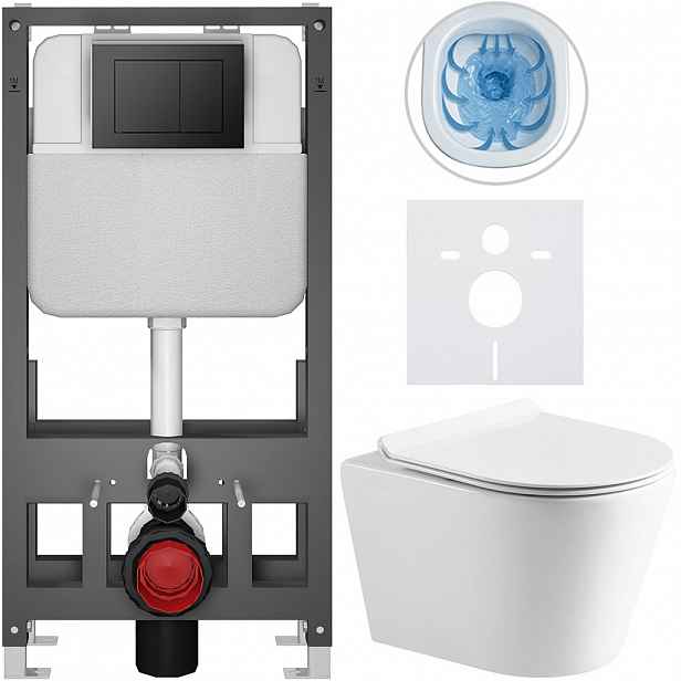 Kompletní WC set Basic/Carlito - bílá lesklá - WC tlačítko Maxio/Černá - volně stojící - předstěnová instalace - 48,5x36,5 cm