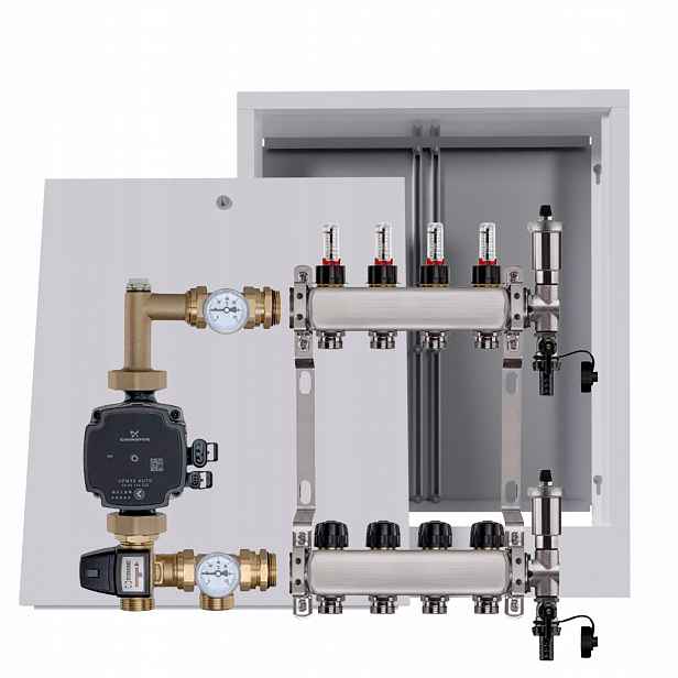 Nerezový rozdělovač pro podlahu, 4 nástěnné krabice Pumpa Grundfos