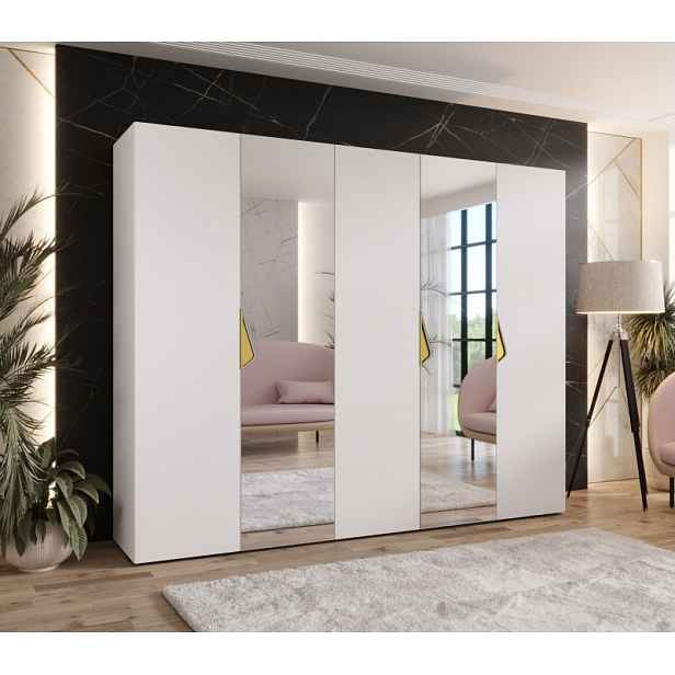 Široká šatní skříň 250 cm AMARIS 2 se zrcadlem - bílá / zlaté úchyty