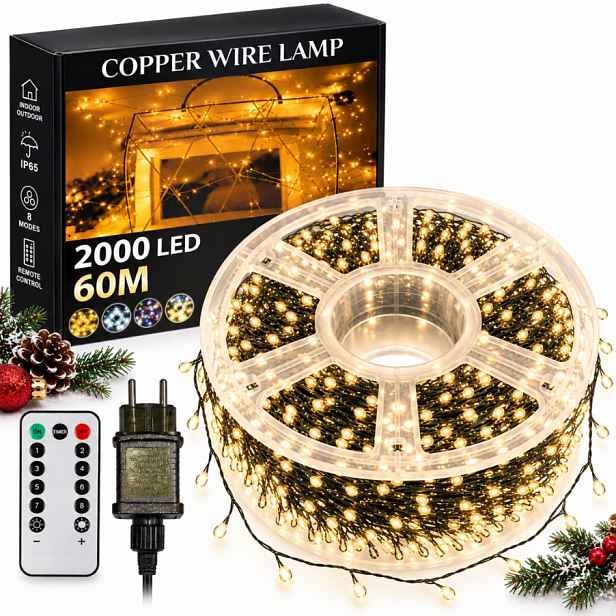 Led Lampičky Na Drátku micro Led 2000 Led 60 M Teplá Bílá 8 Režimů Dálkové Ovládání
