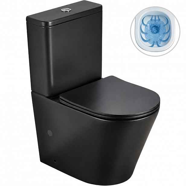 WC kombi Carlito, Rimless - bezokrajové splachování + Slim/SoftClose sedátko - spodní/zadní odpad - černá matná - 61x36,5 cm