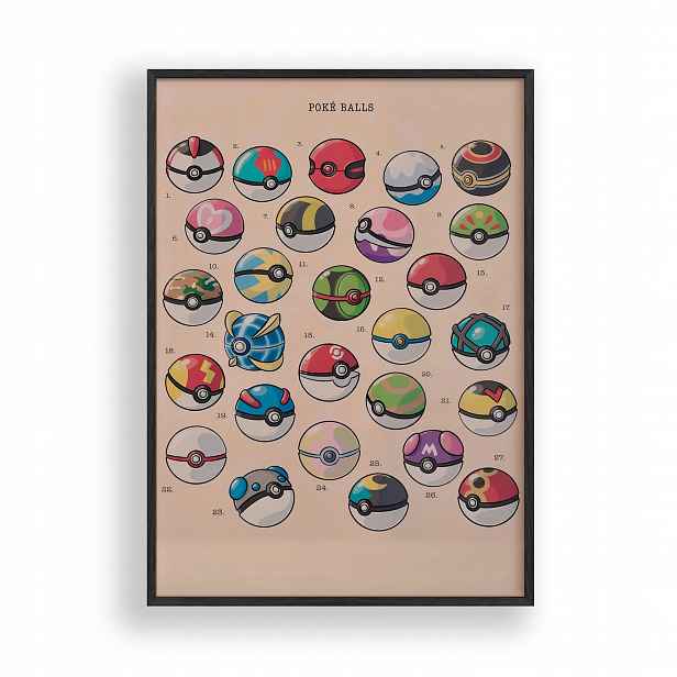 Obraz Pokémon Pokeballe Kolekce Plakát Rámeček Dřevěný Černý 30x42 cm