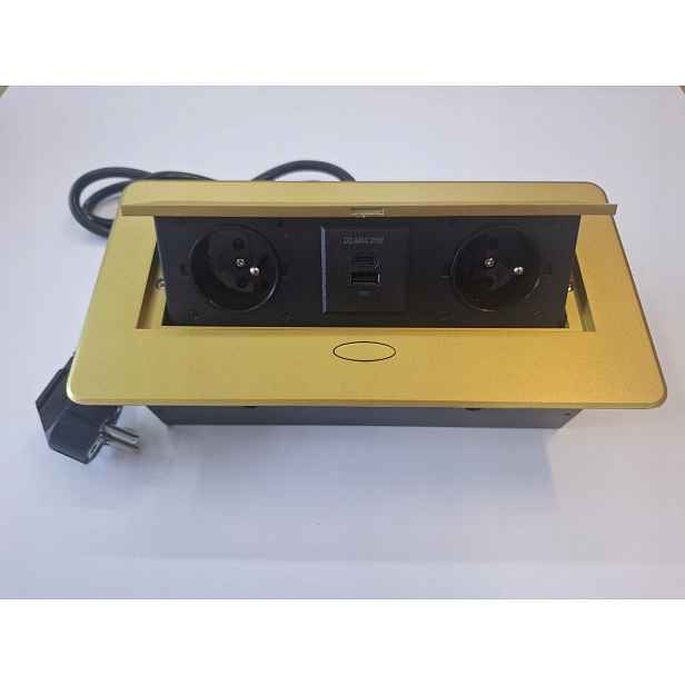 Prodlužovací kabel stolní zásuvka zapuštěný nábytkový port 2x230V+2USB zlatý