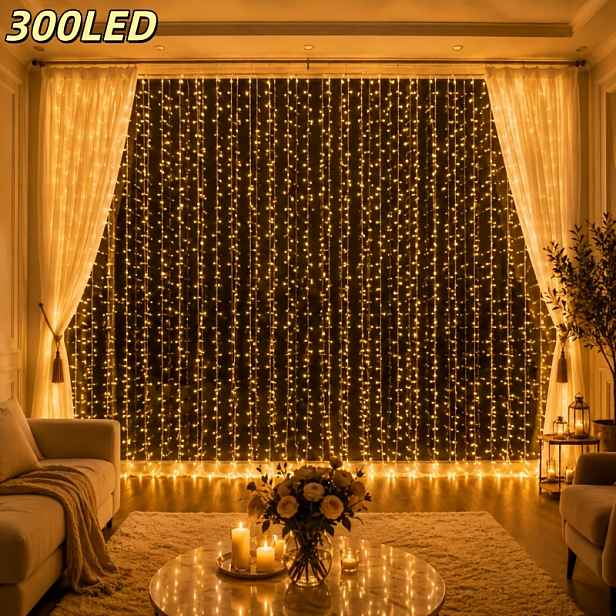 TEMU Závěsná světla na baterie s 300 LED, Teplá bílá/Studená bílá vodopádová pohádková řetězová světla s tlačítkovým ovládáním a 8 světelnými režimy