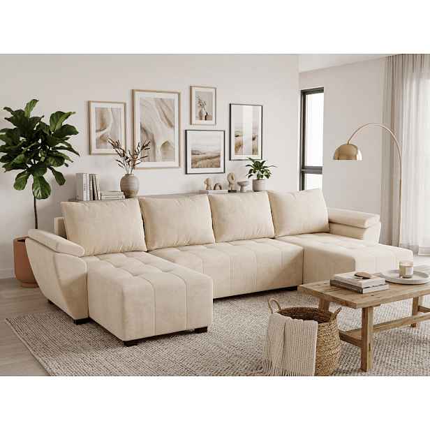 AKCE Rozkládací sedací souprava do U LIVARO 305x140 cm, krémová II. jakost