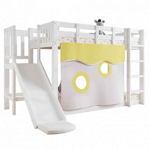 CHICFURN PATROVÁ POSTEL 90/200 cm v bílé barvě se skluzavkou a závěsy