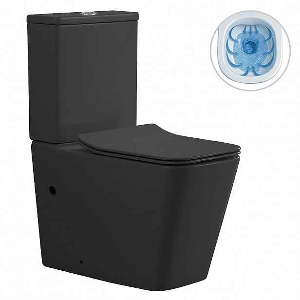WC kombi Forte, Rimless - bezokrajové splachování + Slim/SoftClose sedátko - spodní/zadní odpad- černá matná - 64x36 cm