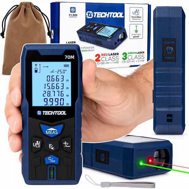 Laserový Dálkoměr >70 M< Digitální Zelený Červený Laser Přesný Techtool