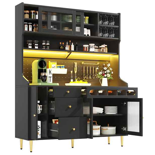 EVRYAE BUFFET se skříněmi, horizontálními a vertikálními přihrádkami, černá-dřevo 150/55 cm