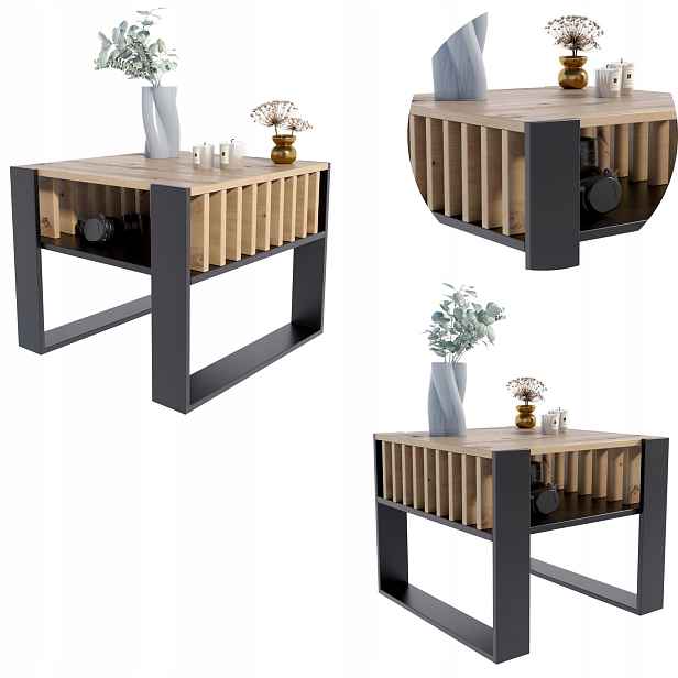 Lavice Iga Čtverec artisan-černá s lamelami konferenční stolek lamelový loft retro