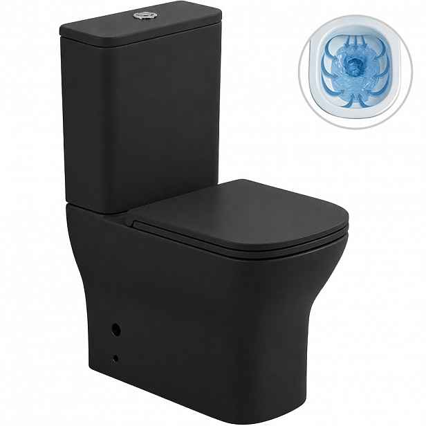 WC kombi Hugo, Rimless - bezokrajové splachování + Slim/SoftClose sedátko - spodní/zadní odpad - černá matná - 63,5x35,5 cm