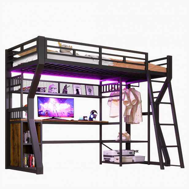 CHICFURN VYVÝŠENÁ POSTEL 90/200 cm v černé barvě s LED páskem, zásuvkou a psacím stolem