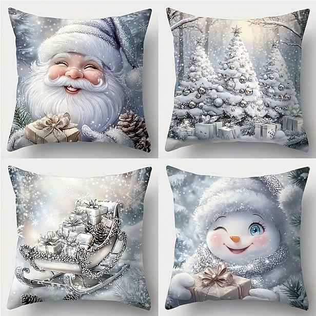 TEMU 4 ks, Potištěný povlak na polštář, Stříbrně bílá vánoční tématika, Santa Claus, Sněhová scéna, Vánoční stromek, Sáně, Sněhulák, Snový a čistý.