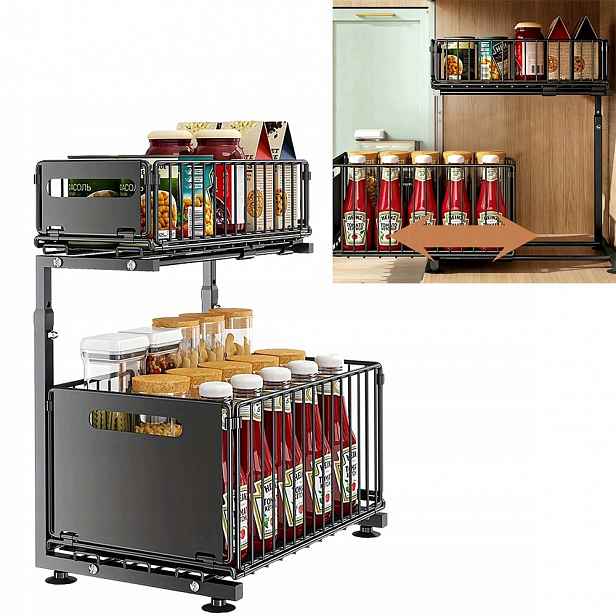 Organizér Pod Dřez 2-ÚROVŇOVÝ Výsuvný Černý Kuchyňský Regál Police Kov