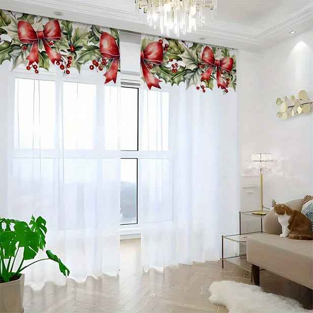 TEMU 2ks Sváteční Červený Knot Holly & Holly Leaf Print Okenní Závěsy - Světelně Procházející Polyester, Lze Prát V Pračce, Vázkou Na Tyč Pro Bay
