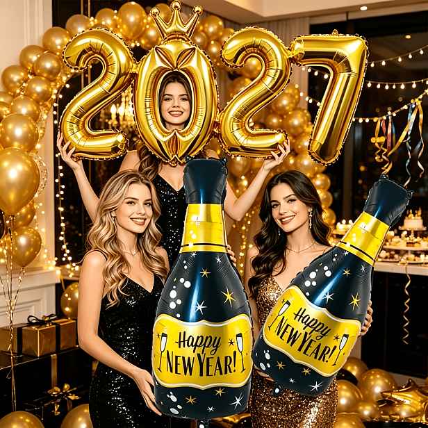 TEMU Party balónky 3ks/sada -- 2027 Číslicový fóliový balónek a Novoroční černozlatá láhev, Nový rok, Vánoce, Plesové dekorace