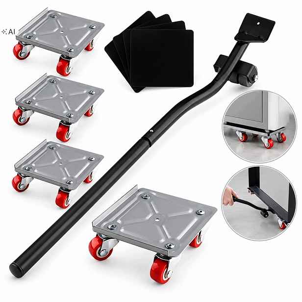 Rolky Pro Přepravu Posouvání Nábytku Domácí Brzdy 300 Kg Gumy Rukojeť 63 cm