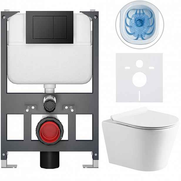 Kompletní WC set Basic/Carlito - bílá lesklá - WC tlačítko Maxio/Černá - závěsné - nízký modul - předstěnová instalace - 48,5x36,5 cm