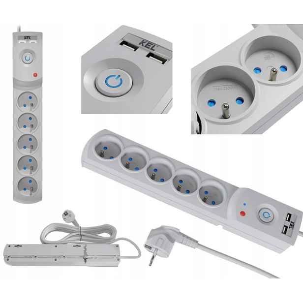 Profesionální přepěťová ochrana 5 zásuvek 2xUSB 1,5 m 10A 2300 W šedá