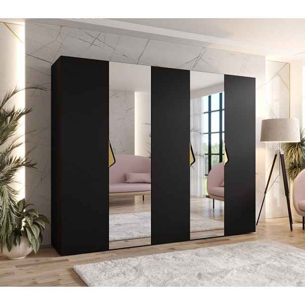 Široká šatní skříň 250 cm AMARIS 2 se zrcadlem - černá / zlaté úchyty