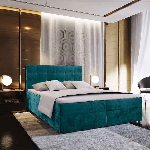 AKCE Čalouněná postel boxspring GLORIEN VELVET 140x200 cm tyrkysová II. jakost
