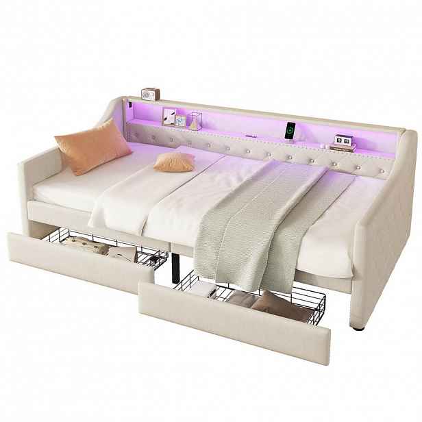 Redom POSTEL 90/200 cm s LED osvětlením, USB portem, dvěma zásuvkami a lamelovým roštem, Béžová
