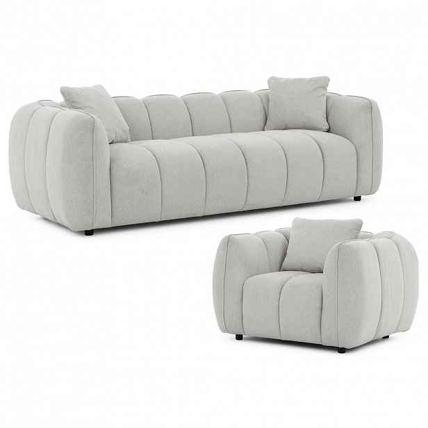S-Style SEDACÍ SOUPRAVA 3+1 Nubira v hluboce prošívaném designu Bubble z měkké strukturované látky ve světle šedé barvě s moderním vzhledem