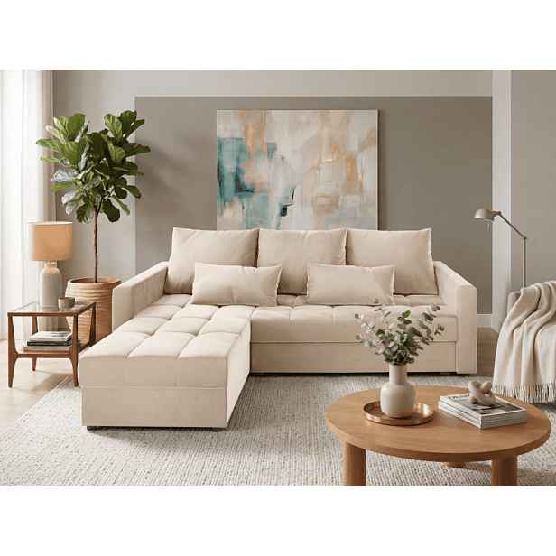 AKCE Krémová rozkládací rohová pohovka ZENOVA 220x140 cm, oboustranná II. jakost