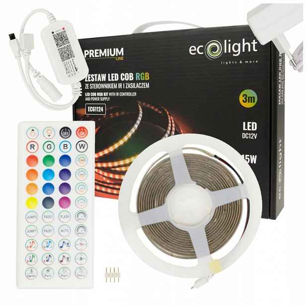 Led pásek Cob barevný Jednotný Rgb 450 15W/m Ovladač Napájecí zdroj 3 m